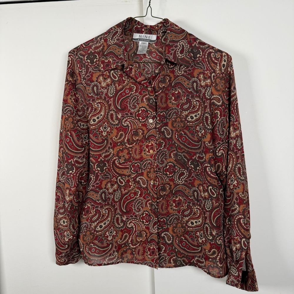 Nine & Company Womens Paisley Button Up Blouse Red Orange Brown Size 10 Boho